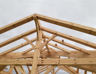 new roof under construction with beams and rafters exposed - 461601798