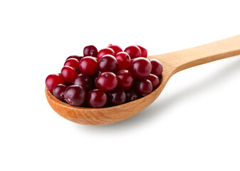 Spoon with ripe cranberries on white background, closeup