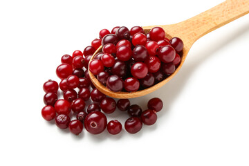 Spoon with ripe cranberries on white background, closeup