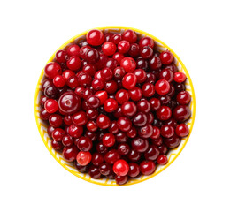 Bowl of ripe cranberries on white background