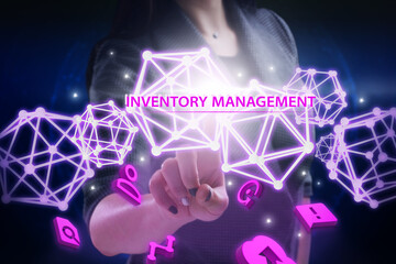 Business, Technology, Internet and network concept. Young businessman working on a virtual screen of the future and sees the inscription: Inventory management