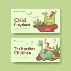 Twitter template with happy children concept,watercolor style