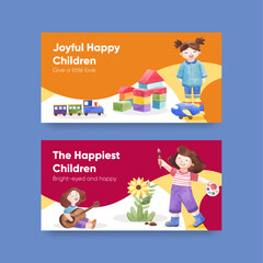 Twitter template with happy children concept,watercolor style