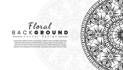 Background with mehndi flowers. Black lines on white background. Banner or card template