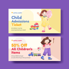 Voucher template with happy children concept,watercolor style