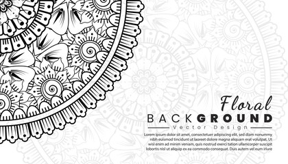 Fototapeta premium Background with mehndi flowers. Black lines on white background. Banner or card template