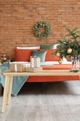 Interior of beautiful modern bedroom decorated for Christmas