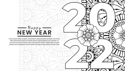 Happy new year 2022 banner or card template with mehndi flower