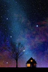 星空と灯のついた家