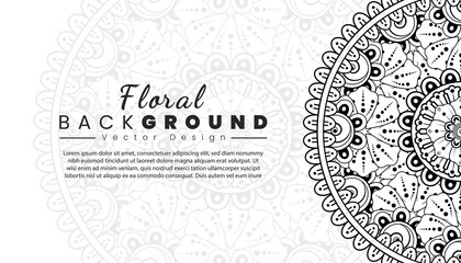 Background with mehndi flowers. Black lines on white background. Banner or card template
