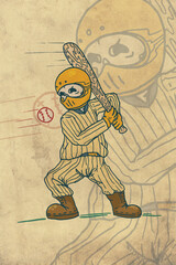 Illustration of character in baseball uniform and bat with vintage theme