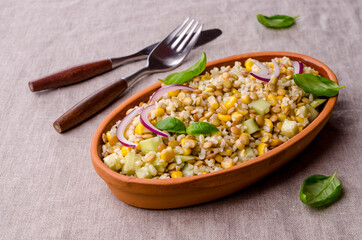 Lentil salad with wheat and vegetables