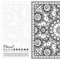 Background with mehndi flowers. Black lines on white background. Banner or card template