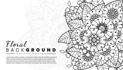 Background with mehndi flowers. Black lines on white background. Banner or card template