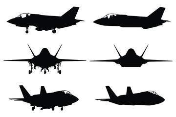 Fighter jet aircraft silhouette vector on white background, military vehicle technology, set of air force weapon in black and white.