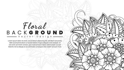 Obraz premium Background with mehndi flowers. Black lines on white background. Banner or card template
