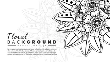 Background with mehndi flowers. Black lines on white background. Banner or card template