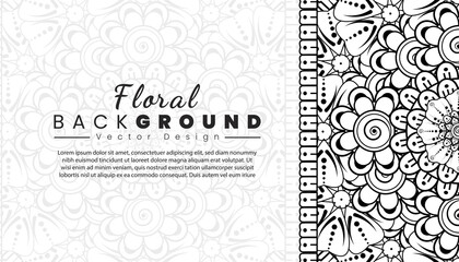 Background with mehndi flowers. Black lines on white background. Banner or card template