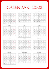 2022 calendar planner. Corporate week. Template layout, 12 months yearly, white background. Simple design for business brochure, flyer, print media, advertisement. Week starts from Monday