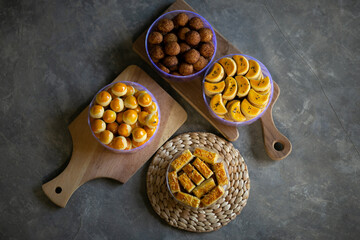 Various type of Indonesian pineapple tart cookies called nastar cookies