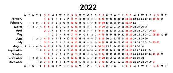 2022 linear calendar, wall or desk planner with each month in row, vector template