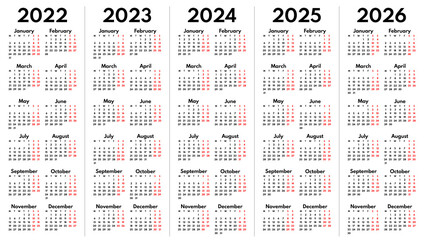 2022 2023 2024 2025 2026 full years english language calendar grids, vertical layout