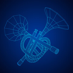 Trumpet pipe fife musiacal instrument. Wireframe low poly mesh vector illustration.