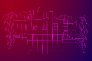 Destroyed building ruin and concrete, war destruction concept. Wireframe low poly mesh vector illustration.