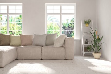 White living room with sofa and summer landscape in window. Scandinavian interior design. 3D illustration
