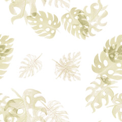 Brown Monstera Design. White Seamless Textile. Pattern Background. Watercolor Decor. Tropical Design. Floral Print. Summer Foliage. Botanical Print.