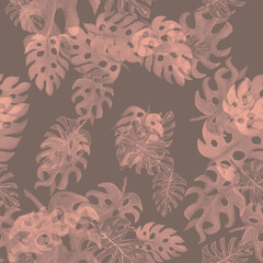 Pink Monstera Illustration. Coral Seamless Print. Pattern Jungle. Watercolor Backdrop. Tropical Jungle. Floral Garden. Summer Textile. Botanical Texture.