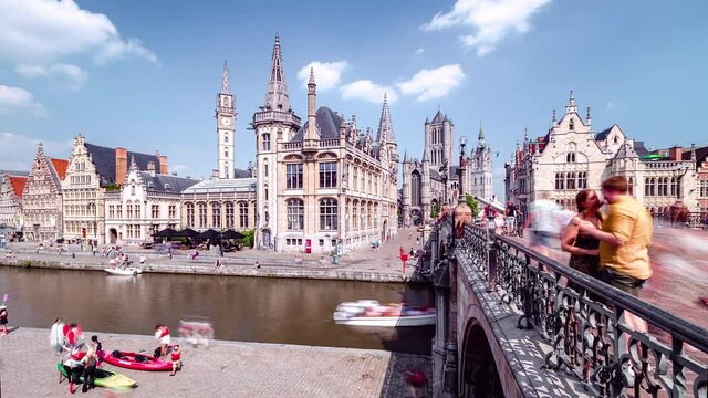Day Time Lapse of Sint-Michielsbrug with Leie river, Gent, Belgium