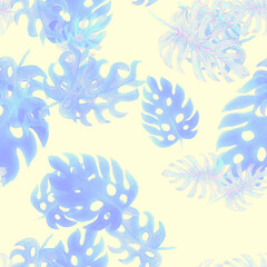 Fototapeta na wymiar Azure Monstera Pattern Leaf. Seamless Monstera. Navy Watercolor Decor. Tropical Backdrop. Floral Plant. Summer Monstera.Vintage Painting.Botanical Illustration.