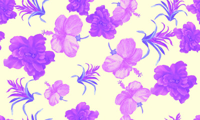Fototapeta na wymiar Pink Hibiscus Decor. Purple Flower Palm. Vanilla Seamless Palm. Violet Watercolor Background. Pattern Illustration. Tropical Leaves. Exotic Garden.Art Plant