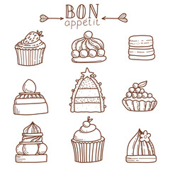Bon Appetit. Set of Cute cakes and pies. Hand drawn vector illustration.