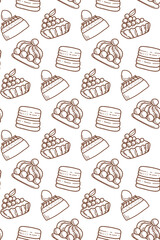 Bon Appetit. Seamless Pattern with  Cute cakes and pies. Hand drawn vector illustration.