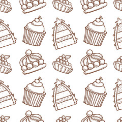 Bon Appetit. Seamless Pattern with  Cute cakes and pies. Hand drawn vector illustration.