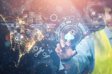 Engineers or businessmen show cutting-edge innovations in the automated cloud storage industry. Data optimization concept Elements of this image furnished by NASA.
