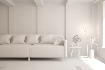 Mock up of minimalist living room in white color with sofa. Scandinavian interior design. 3D illustration