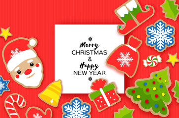 Happy New Year greeting card. Christmas Santa,tree,gift, snowflakes, lollipop. Christmas gingerbread paper cut style. rectangle frame. Winter holidays. Red