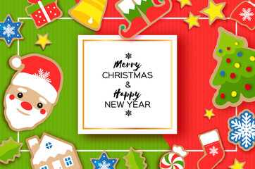 Happy New Year greeting card. Christmas Santa,tree, bell, gift, deer, snowflakes, lollipop, holly, elf boots. Christmas gingerbread paper cut style Winter holidays