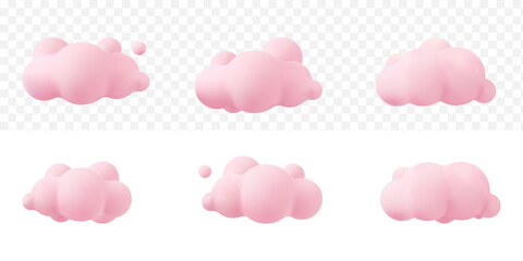 pink 3d realistic clouds set isolated on a tranparent background. Render soft round cartoon fluffy clouds icon in the  sky. 3d geometric shapes vector illustration