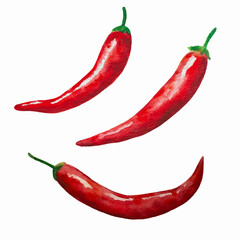 Watercolor painted red hot chili peppers isolated on white background. Design element for menu and restaurants.