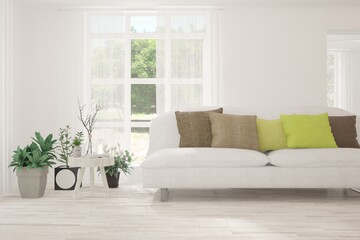 White living room with sofa and summer landscape in window. Scandinavian interior design. 3D illustration