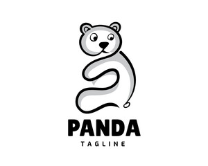 simple drawn line art panda look back logo template illustration