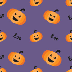 Seamless pattern with orange halloween pumpkins on a purple background. Hand-drawn graphics.