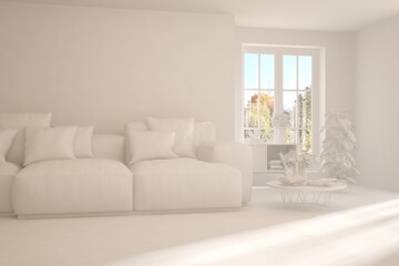 Stylish room in white color with sofa and autumn landscape in window. Scandinavian interior design. 3D illustration