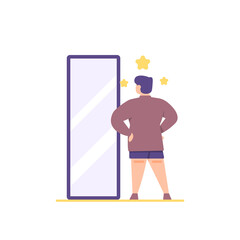 illustration of a fat man in the mirror. the concept of a confident person, not feeling insecure, self-accepting. a woman who is happy with her excess weight and loves her body. see the reflection