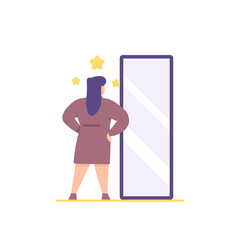 illustration of a fat woman in the mirror. the concept of a confident person, not feeling insecure, self-accepting. a woman who is happy with her excess weight and loves her body. see the reflection