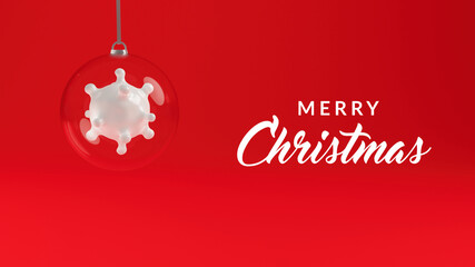 Naklejka na ściany i meble Merry Christmas banner. Stay home Xmas celebration background with glass ball and virus icon in it. 3d render illustration.